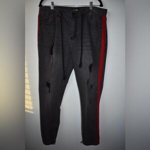 Fashion Nova Men's Charcoal Distressed Chinos with Red Side Stripe